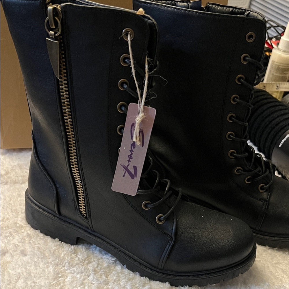 Seven7 Black Lace-Up Combat Boots with Side Zip Accent